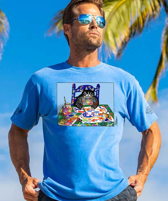 T-Shirts>Crazy Shirts B. Kliban Artist Cat - Blue Hawaii Dyed Short Sleeve Crewneck T-Shirt