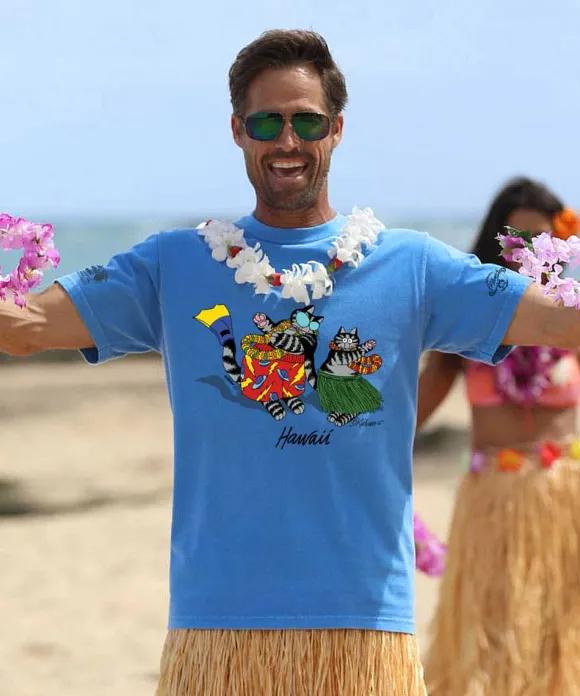 T-Shirts>Crazy Shirts B. Kliban Boogie Hula Cat - Blue Hawaii Dyed Short Sleeve Crewneck T-Shirt