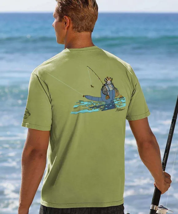 T-Shirts>Crazy Shirts B. Kliban Fly Fishing Cat - Hemp Dyed Short Sleeve Crewneck T-Shirt