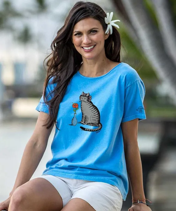 T-Shirts>Crazy Shirts B. Kliban Lady Cat - Blue Hawaii Dyed Short Sleeve Scoop Neck T-Shirt