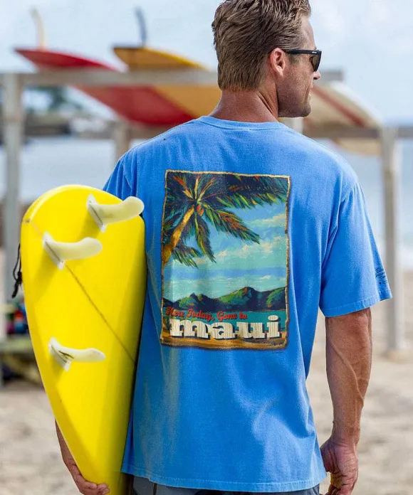 T-Shirts>Crazy Shirts Beach Poster - Blue Hawaii Dyed Short Sleeve Crewneck T-Shirt