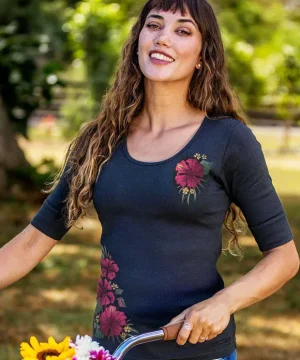T-Shirts>Crazy Shirts Cherry Hibiscus - Charcoal Short Sleeve Banded Rib Knit T-Shirt