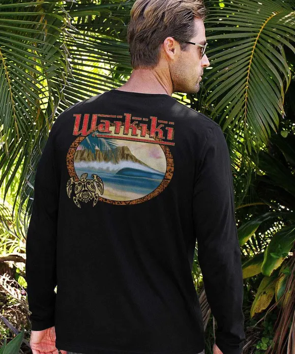 T-Shirts>Crazy Shirts Diamond Head Sunset - Jet Black Long Sleeve Pima T-Shirt