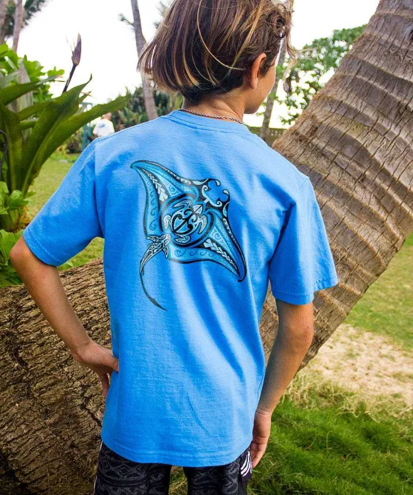T-Shirts>Crazy Shirts Ehukai Manta - Blue Hawaii Dyed Short Sleeve Crewneck T-Shirt