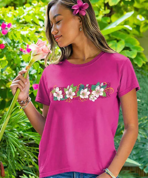 T-Shirts>Crazy Shirts Floral Swirl Band - Berry Short Sleeve Crewneck T-Shirt