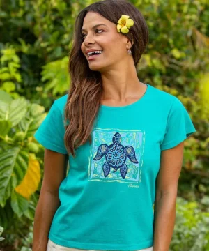 T-Shirts>Crazy Shirts Floral Turtle - Jade Short Sleeve Scoop Neck T-Shirt