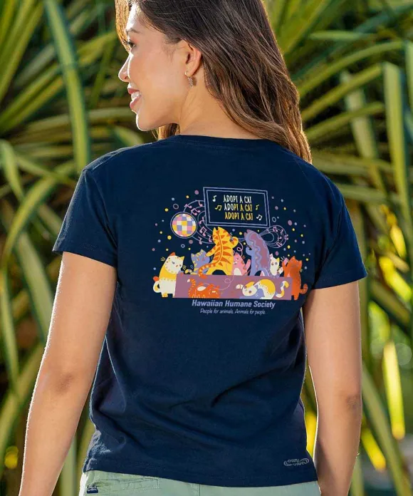 T-Shirts>Crazy Shirts Hawaiian Humane Society Kitty Karaoke - Navy Short Sleeve Crewneck T-Shirt