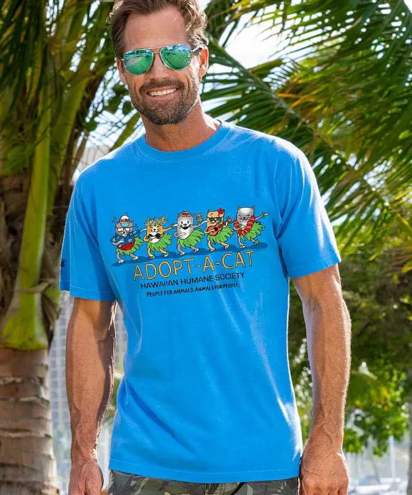 T-Shirts>Crazy Shirts Hawaiian Humane Society Meow Halau - Blue Hawaii Dyed Short Sleeve Crewneck T-Shirt