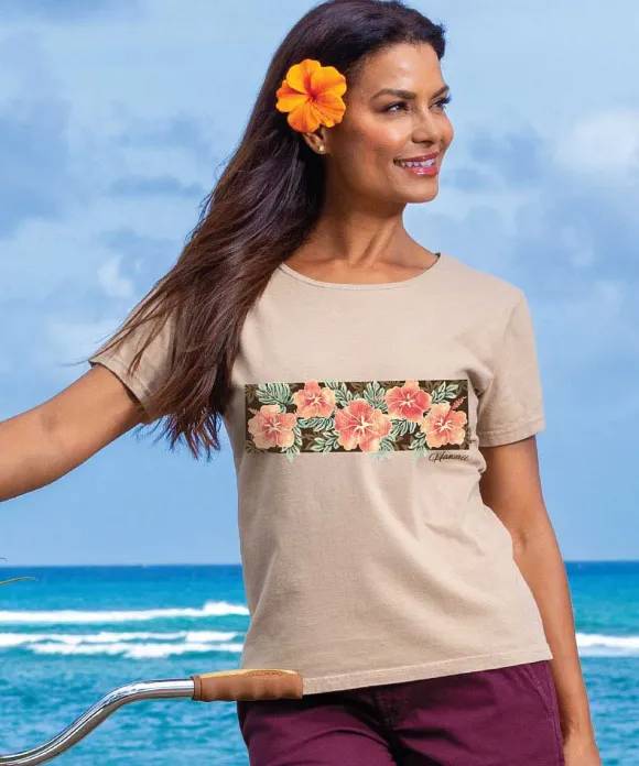 T-Shirts>Crazy Shirts Hibiscus Sparkle - Kona Coffee Dyed Short Sleeve Scoop Neck T-Shirt