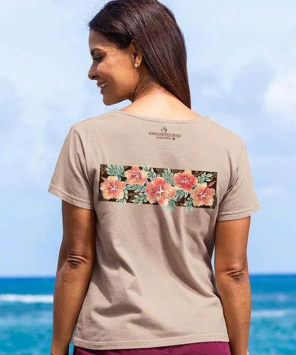 T-Shirts>Crazy Shirts Hibiscus Sparkle - Kona Coffee Dyed Short Sleeve Scoop Neck T-Shirt