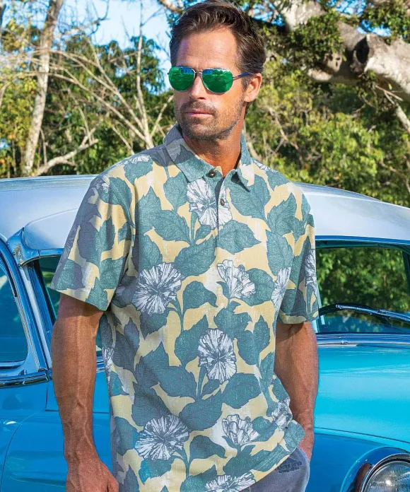 Polos>Crazy Shirts Hibiscus Woodcut - Tan/White Short Sleeve Hawaiian Polo Shirt