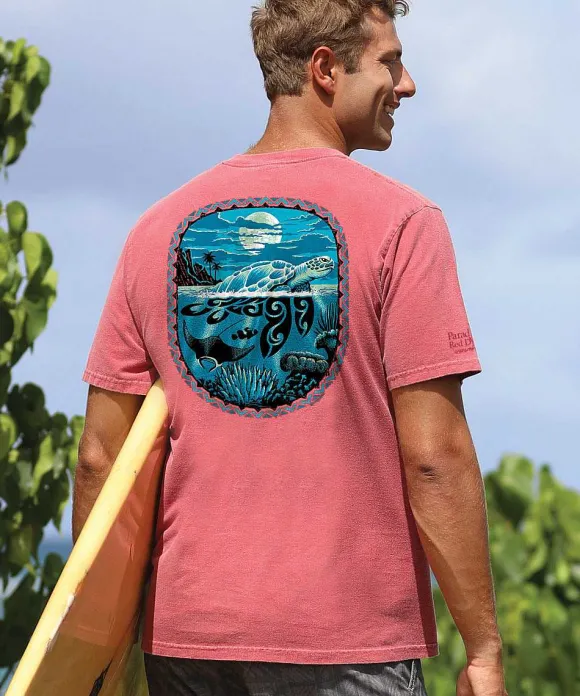 T-Shirts>Crazy Shirts Honu Moon - Paradise Red Dyed Short Sleeve Crewneck T-Shirt