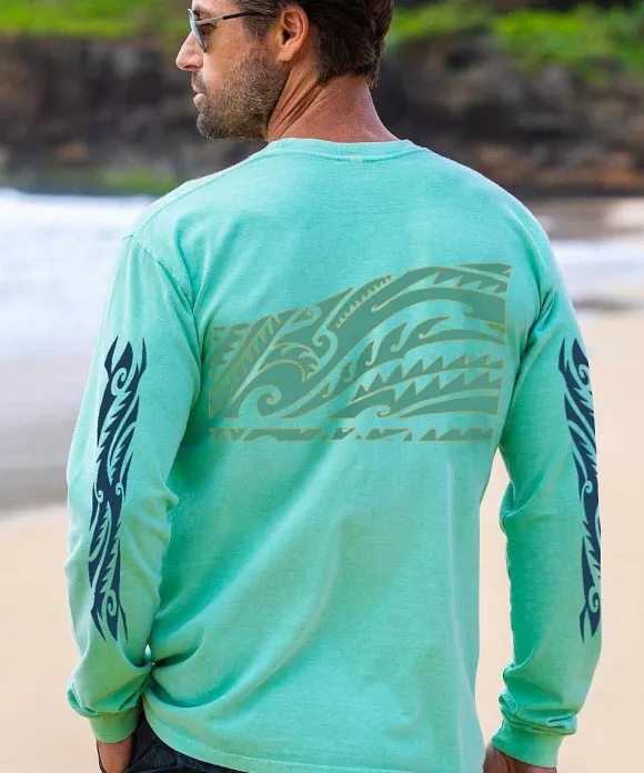 T-Shirts>Crazy Shirts Honu Tribal Mauka - Key Lime Dyed Long Sleeve Crewneck T-Shirt