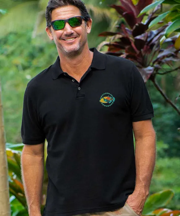 Polos>Crazy Shirts Humu Wave Circle - Black Short Sleeve Oceanfront Polo Shirt