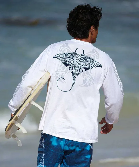 T-Shirts>Crazy Shirts Kava Kava Ray - White Long Sleeve Crewneck T-Shirt