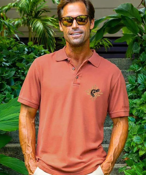 Polos>Crazy Shirts Kokopelli Sun - Chile Dyed Short Sleeve Oceanfront Polo Shirt