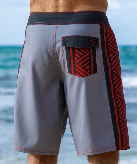 Shorts>Crazy Shirts Mano Dive Tribal - Gray/Red Eco Hydroprint Board Shorts