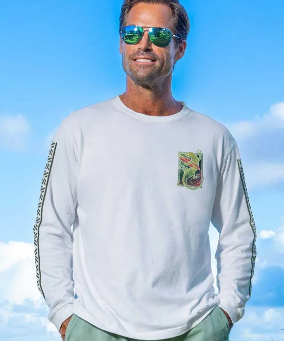 T-Shirts>Crazy Shirts Maui Surf Co. Green Gecko - White Long Sleeve Crewneck T-Shirt