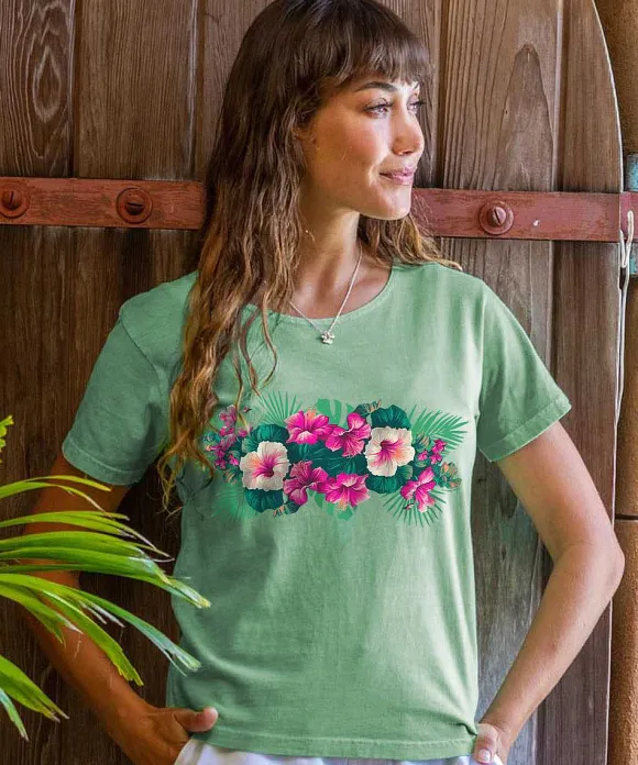 T-Shirts>Crazy Shirts Pacific In Bloom - Key Lime Dyed Short Sleeve Scoop Neck T-Shirt