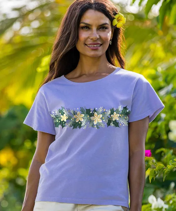T-Shirts>Crazy Shirts Plumeria Garland - Lavender Dyed Short Sleeve Scoop Neck T-Shirt