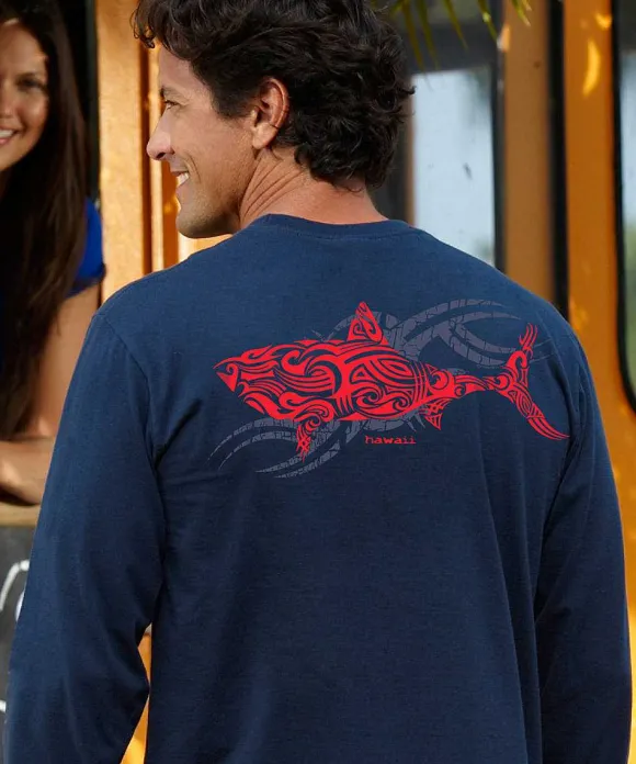 T-Shirts>Crazy Shirts Red Shark - Navy Long Sleeve Crewneck T-Shirt
