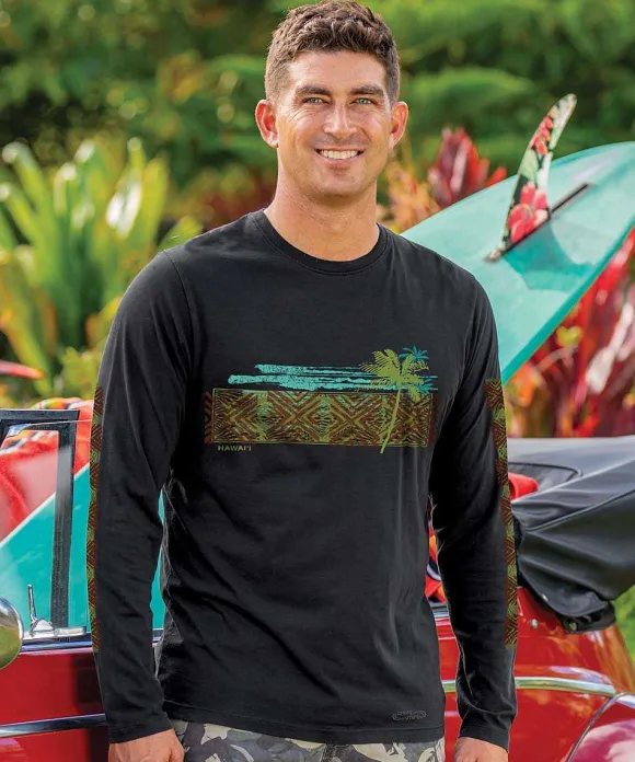 T-Shirts>Crazy Shirts Retro Surf Palm Band - Jet Black Long Sleeve Pima T-Shirt