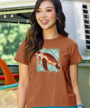 T-Shirts>Crazy Shirts Sea Turtle Quilt - Cinnamon Dyed Short Sleeve Crewneck T-Shirt