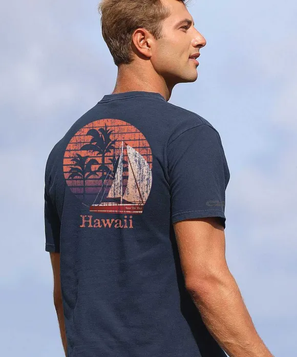 T-Shirts>Crazy Shirts Seas The Day Palm Scenic - Navy Short Sleeve Crewneck T-Shirt