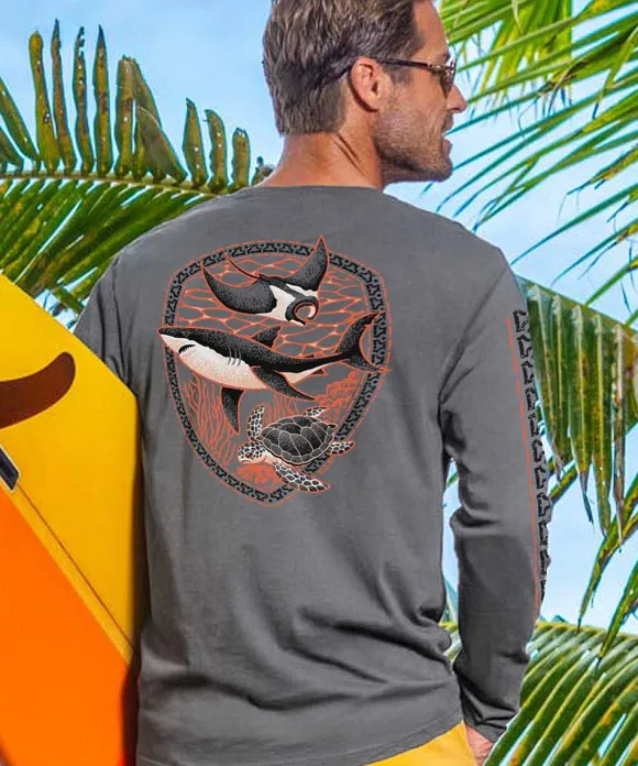 T-Shirts>Crazy Shirts Shark Reef Scene - Smoke Long Sleeve Pima T-Shirt