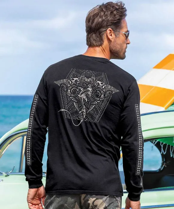 T-Shirts>Crazy Shirts Tribal Manta Shark - Black Long Sleeve Crewneck T-Shirt