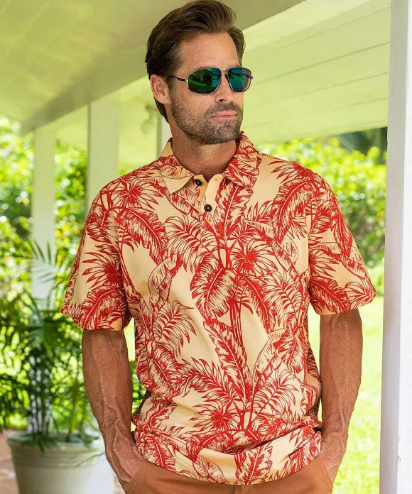 Polos>Crazy Shirts Tropical Canopy - Khaki Red Short Sleeve Hawaiian Polo Shirt