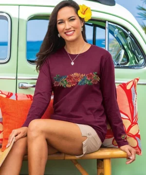 T-Shirts>Crazy Shirts Tropical Leaves Band - Fig Dyed Long Sleeve Crewneck T-Shirt