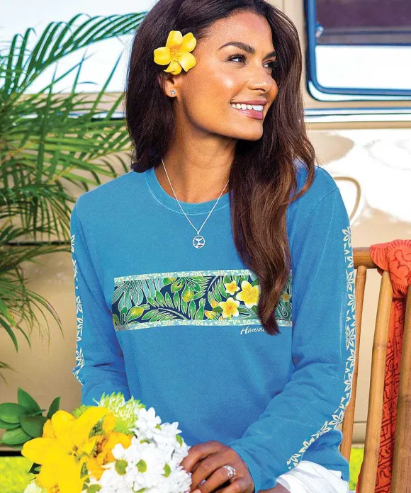 T-Shirts>Crazy Shirts Tropical Pua Band - Blue Hawaii Dyed Long Sleeve Crewneck T-Shirt