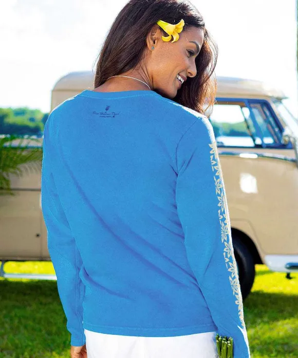 T-Shirts>Crazy Shirts Tropical Pua Band - Blue Hawaii Dyed Long Sleeve Crewneck T-Shirt