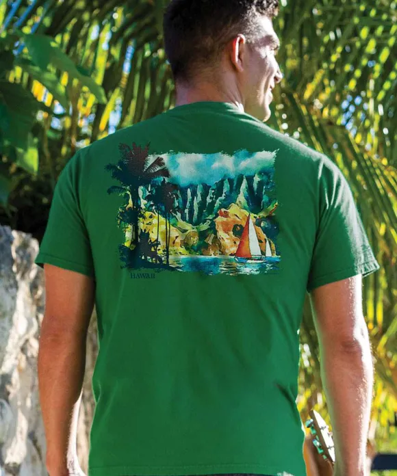 T-Shirts>Crazy Shirts Tropical Watercolor Sail - Wintergreen Dyed Short Sleeve Crewneck T-Shirt