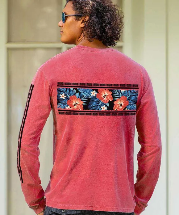 T-Shirts>Crazy Shirts Twilight Floral Band - Paradise Red Dyed Long Sleeve Crewneck T-Shirt