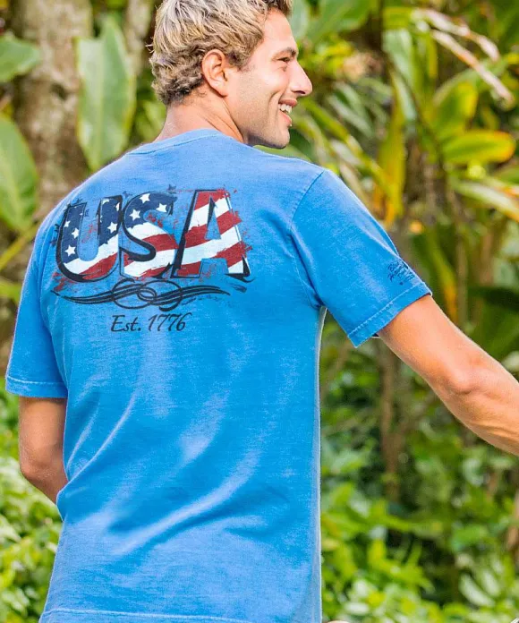 T-Shirts>Crazy Shirts Usa Est 1776 - Blue Hawaii Dyed Short Sleeve Crewneck T-Shirt