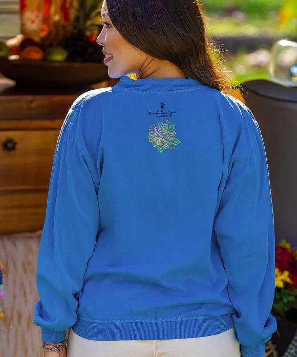 Jackets & Pullovers>Crazy Shirts Vertical Hibiscus Flowers - Blue Hawaii Dyed Long Sleeve Lightweight Pullover
