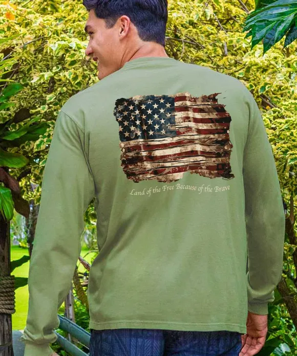 T-Shirts>Crazy Shirts Vintage Flag - Hemp Dyed Long Sleeve Crewneck T-Shirt