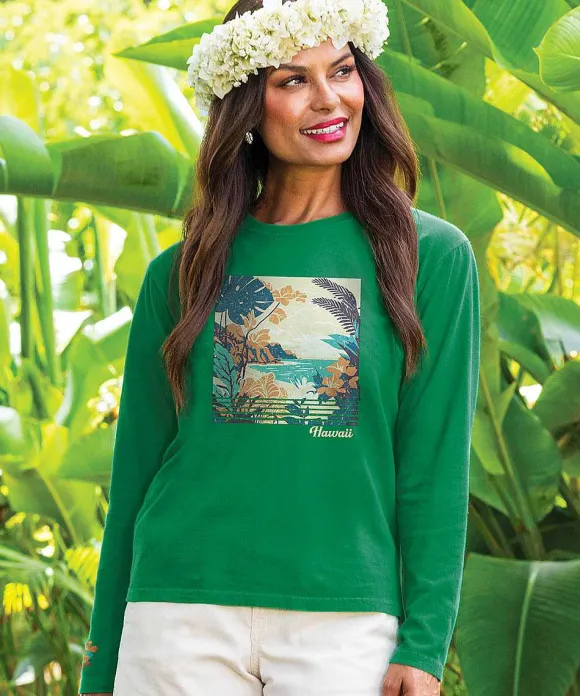 T-Shirts>Crazy Shirts Vintage Tropic Beach Scene - Wintergreen Dyed Long Sleeve Crewneck T-Shirt