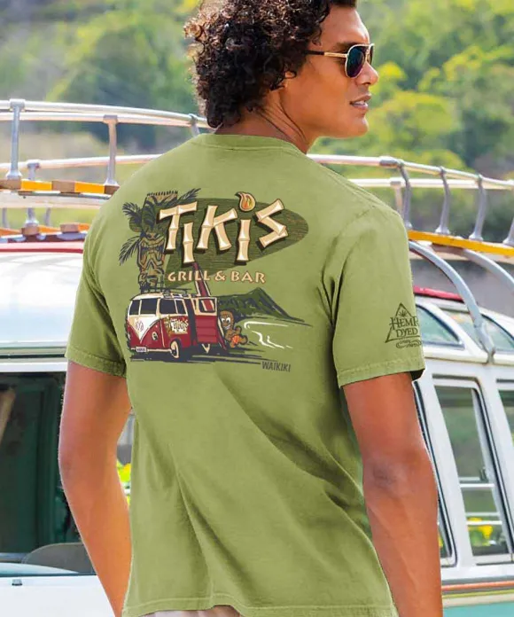 T-Shirts>Crazy Shirts Volkswagen Tikis Grill & Bar Surf Van - Hemp Dyed Short Sleeve Crewneck T-Shirt