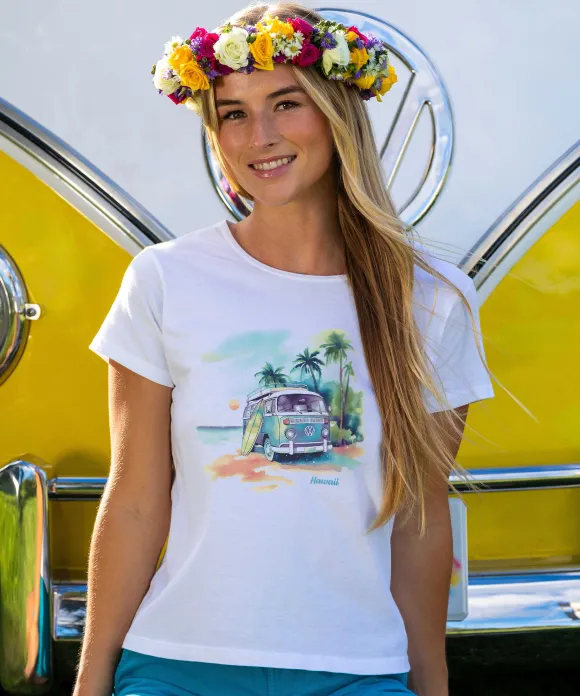 T-Shirts>Crazy Shirts Volkswagen Watercolor Bus - White Short Sleeve Scoop Neck T-Shirt