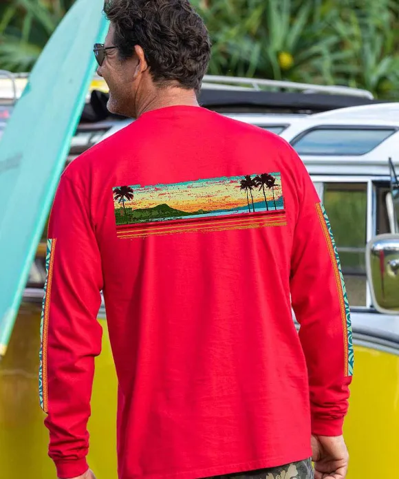 T-Shirts>Crazy Shirts Waikiki Beach Band - Cherry Dyed Long Sleeve Crewneck T-Shirt