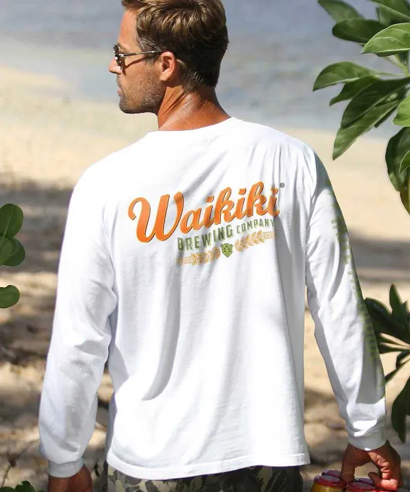 T-Shirts>Crazy Shirts Waikiki Brewing Co Logo Taste The Aloha - White Long Sleeve Crewneck T-Shirt