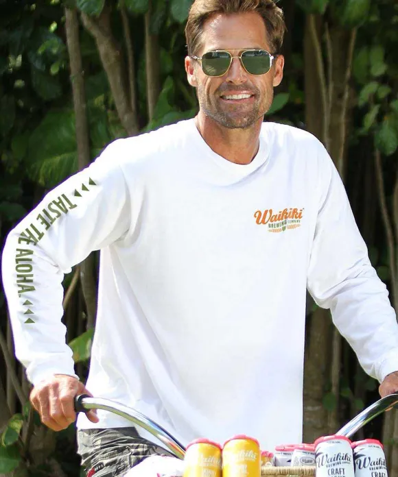 T-Shirts>Crazy Shirts Waikiki Brewing Co Logo Taste The Aloha - White Long Sleeve Crewneck T-Shirt
