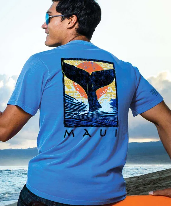 T-Shirts>Crazy Shirts Whale Fluke Block - Blue Hawaii Dyed Short Sleeve Crewneck T-Shirt