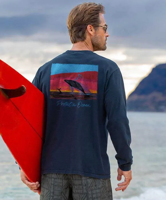 T-Shirts>Crazy Shirts Wyland® Whale Sighting - Navy Long Sleeve Crewneck T-Shirt