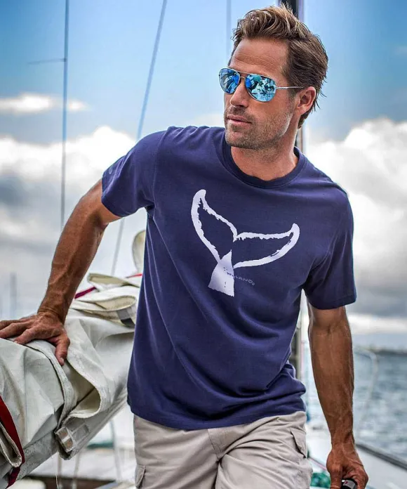 T-Shirts>Crazy Shirts Wyland® Whale Tail Brush - Indigo Short Sleeve Pima T-Shirt